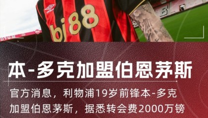 官方：利物浦19岁前锋本多克加盟伯恩茅斯，转会费总价2500万镑